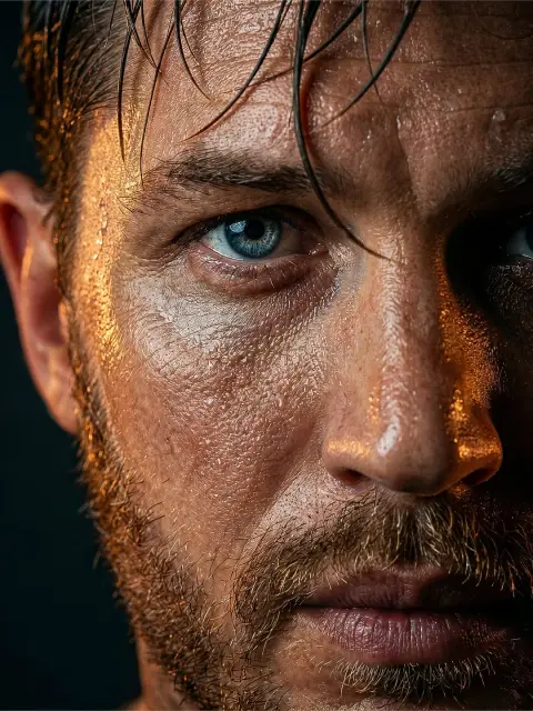 Close-up of a tough guy with wet hair in a cinematic sense