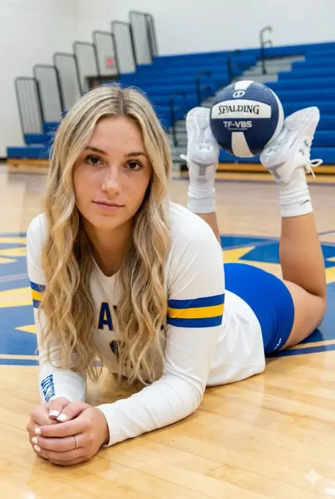 Close-up of playful blonde volleyball girl balancing volleyball on pointe
