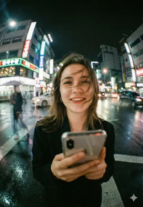 Close-up of urban girl under wide angle in neon rainy night
