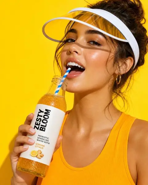 Close-up of energetic beauty drinking sparkling water in summer