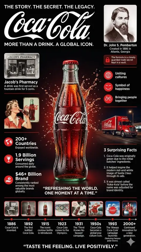 Coca-Cola dark luxury cinematic infographic poster