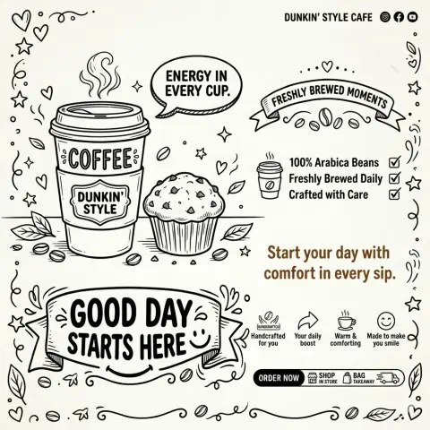 Coffee shop black and white hand drawn line style advertising poster