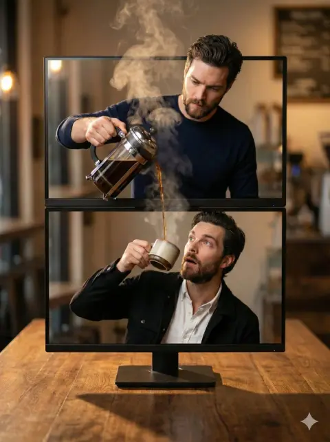 Coffee time across dual screens, movie-level hyper-realistic portraits