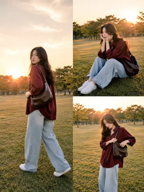 Collage of Korean fashion outfits with golden sunset in the park