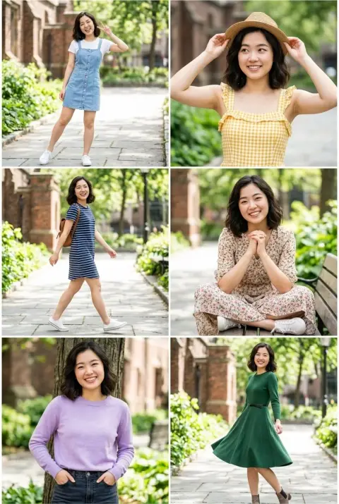 Collage of six-frame portraits of East Asian women wearing outdoor clothing