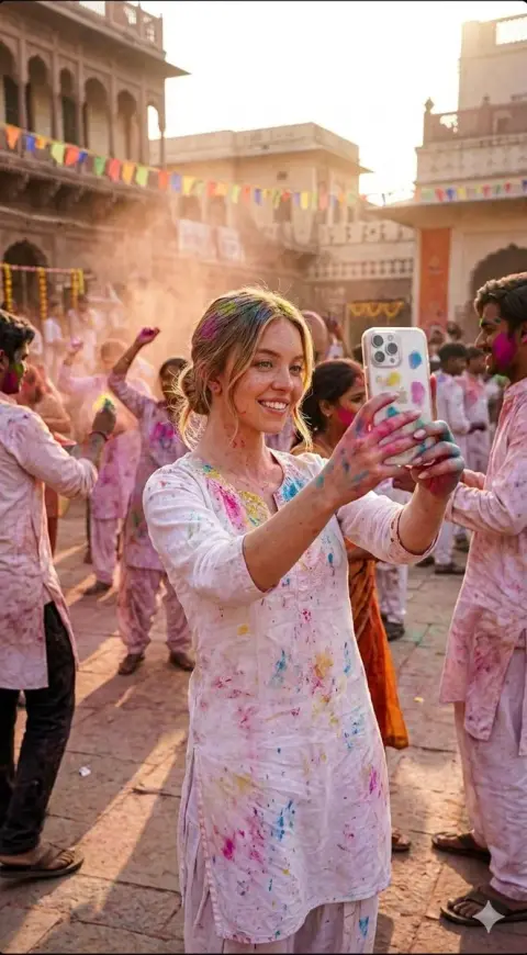 Colorful mirror selfie in the Holi courtyard