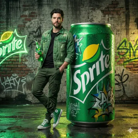 Commercial blockbuster of cool men with green tones on giant Sprite cans