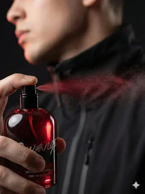 Commercial blockbuster of trendy man holding red perfume
