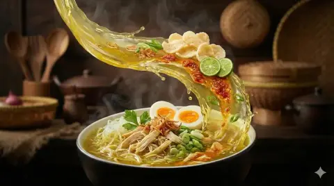 Commercial blockbuster of tempting hot noodle soup flying in the air