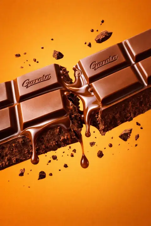 Commercial grade hyper-realistic photography of rich, silky chocolate bar with splattering crumbs