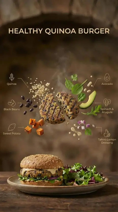 Commercial photography of healthy quinoa burger from suspended deconstructed perspective