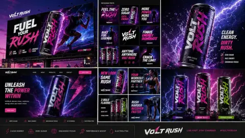 Complete set of marketing visuals for VoltRush energy drink