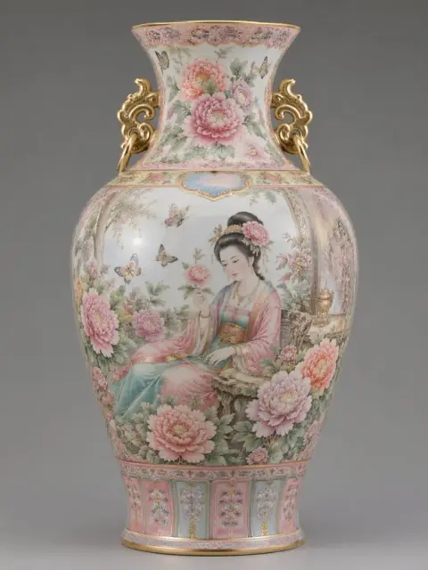 Concubine Yang admiring peonies at the imperial kiln in pastel colors