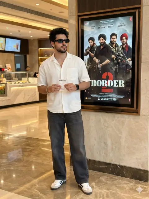 Confident handsome man holding movie tickets in luxury cinema