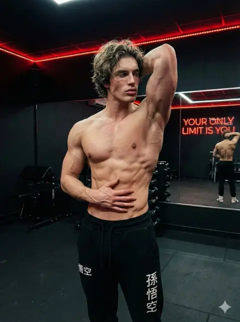 Confident man showing perfect muscles in dark tone gym