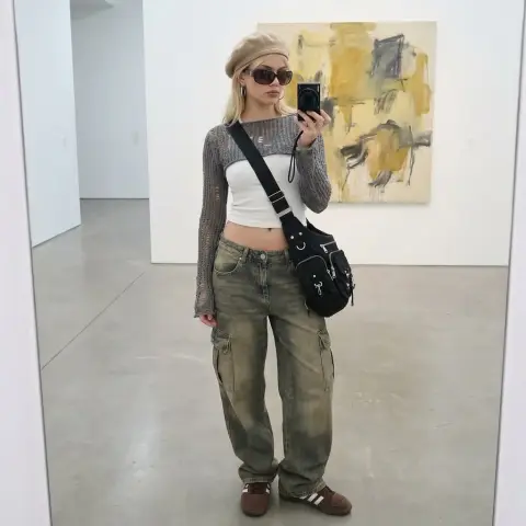 Confident mirror street photography in minimalist gallery