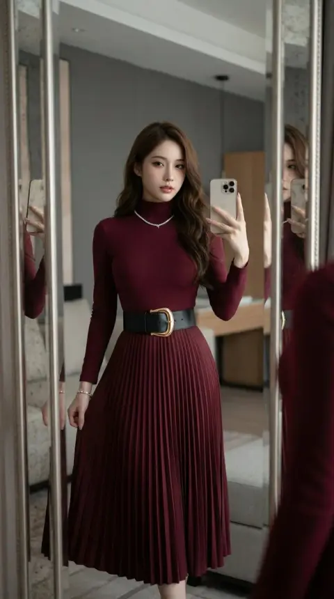 Confident selfie in a burgundy dress in a luxury hotel