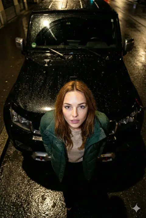 Cool flashlight portrait next to black off-road vehicle at night