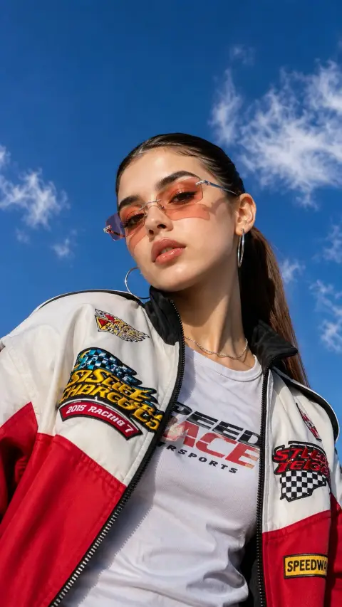 Cool girly wide-angle portrait in retro racing jacket