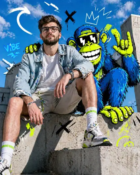 Cool models and neon cartoon animals in the same frame