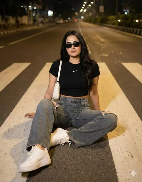 Cool street girl on zebra crossing at night