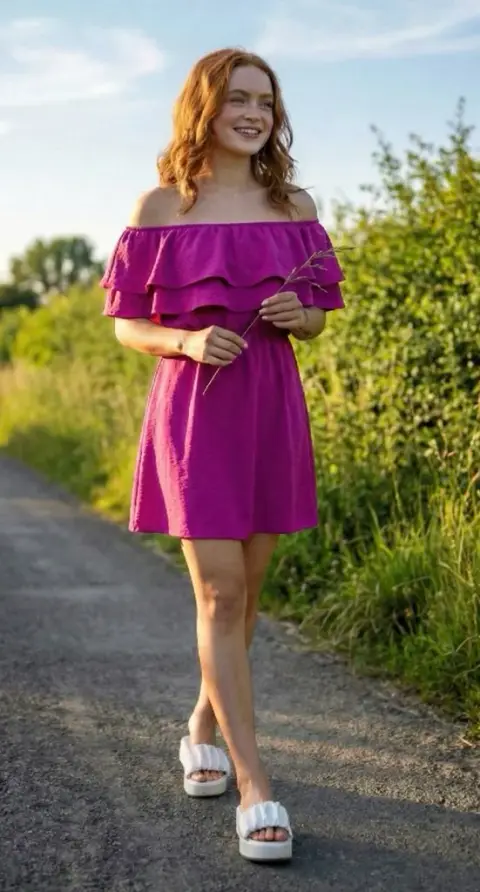 Countryside walk in a magenta dress under 8K ultra-realistic light and shadow