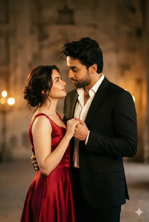 Couple in red dresses looking at each other affectionately under dim light