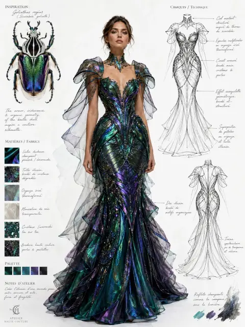 Couture designs inspired by rainbow jewel beetles