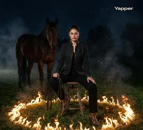 Cowgirl in the dark night illuminated by campfire