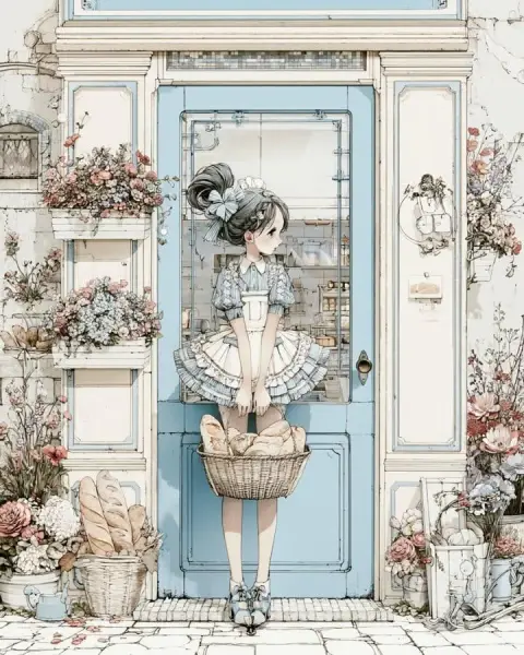 Cozy retro bakery exterior anime girl illustration
