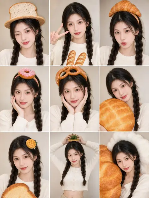 Creative bread-themed double ponytail girl nine-square grid photo