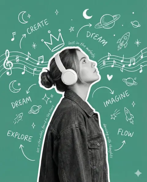 Creative collage of girl with headphones and chalk drawing universe