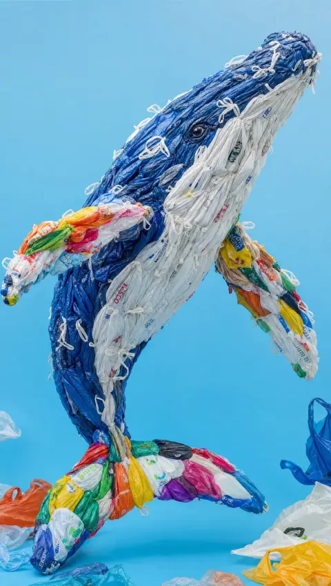 Creative recycled plastic bag marine life sculpture