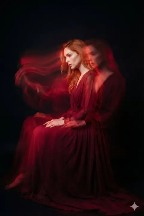 Crimson Shadow: A melancholy girl with a long exposure of her profile