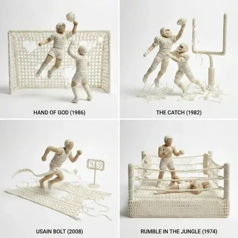 Crochet 3D drawings of classic sports moments