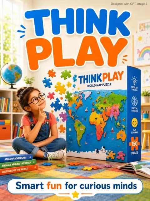 Curious girl with huge puzzle educational poster