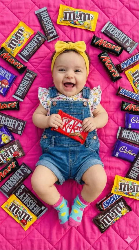Cute baby falls into a sea of ​​colorful chocolate