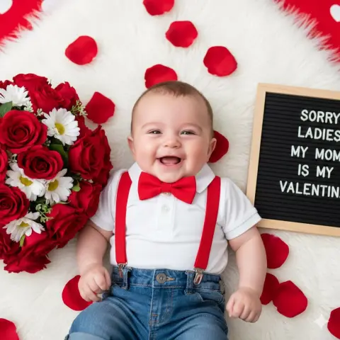 Cute baby’s bright smile among the rose petals on Valentine’s Day