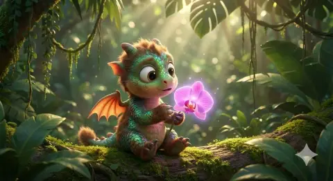 Cute baby with dragon scales and sloth holding magic orchid