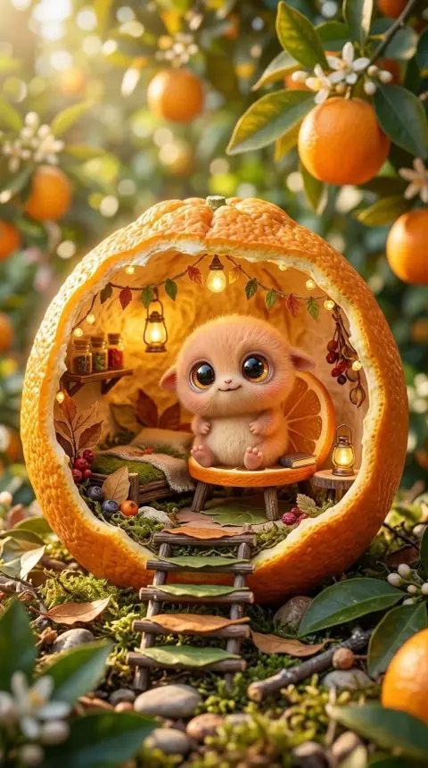 Cute little creatures in the Magic Forest Fruit House