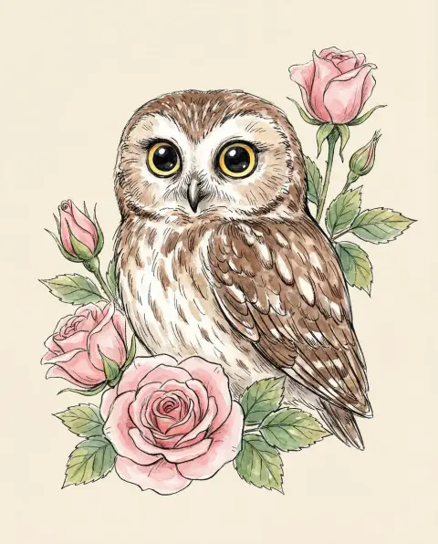 Cute owl surrounded by delicate pink roses