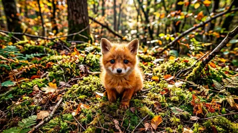 Cute red fox cub looks up and stares at the camera