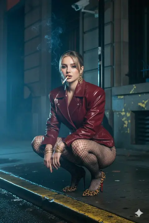 Cyber ​​girl with red lips squatting and smoking on the street on a rainy night