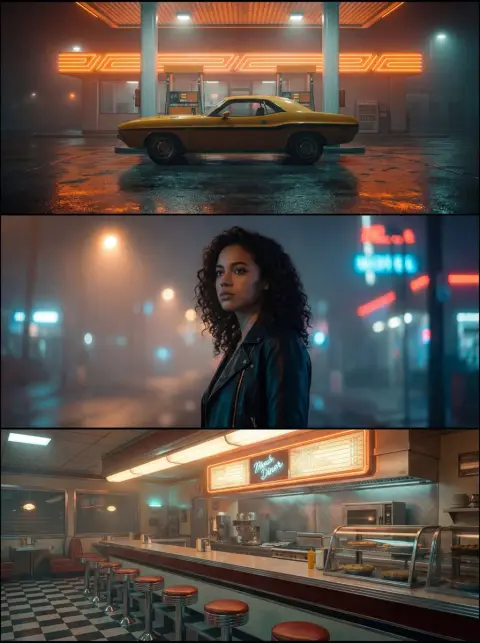 Cyber ​​retro style muscle car and restaurant girl