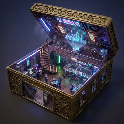 Cyberpunk double-story tavern diorama