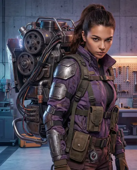 Cyberpunk female mechanic and giant mechanical backpack