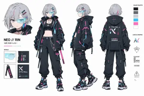 Cyberpunk genius hacker girl character design sheet