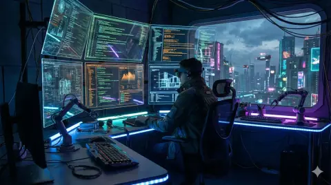 Cyberpunk holographic code dream workbench