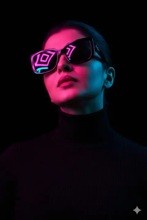 Cyberpunk neon reflective sunglasses portrait