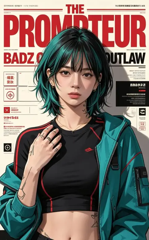 Cyberpunk style fashion magazine cover female illustration